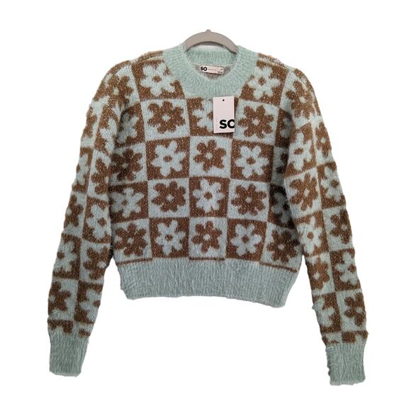 SO Floral Cropped Sweater XS Blue Brown‎ Fuzzy Super Soft Crew Neck Long Sleeve - Picture 1 of 10
